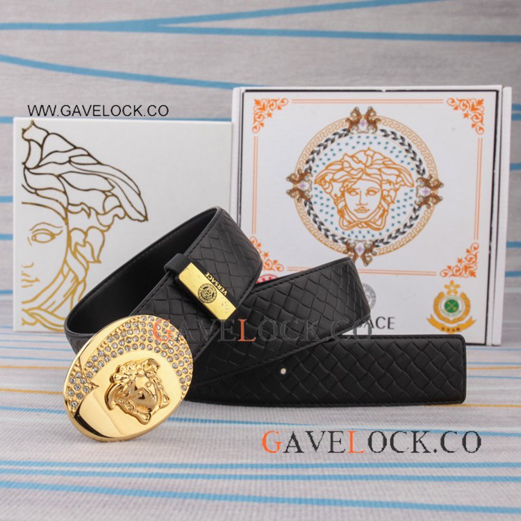 Versace Calfskin Belt Gold Head w Crystal Embellish 38mm